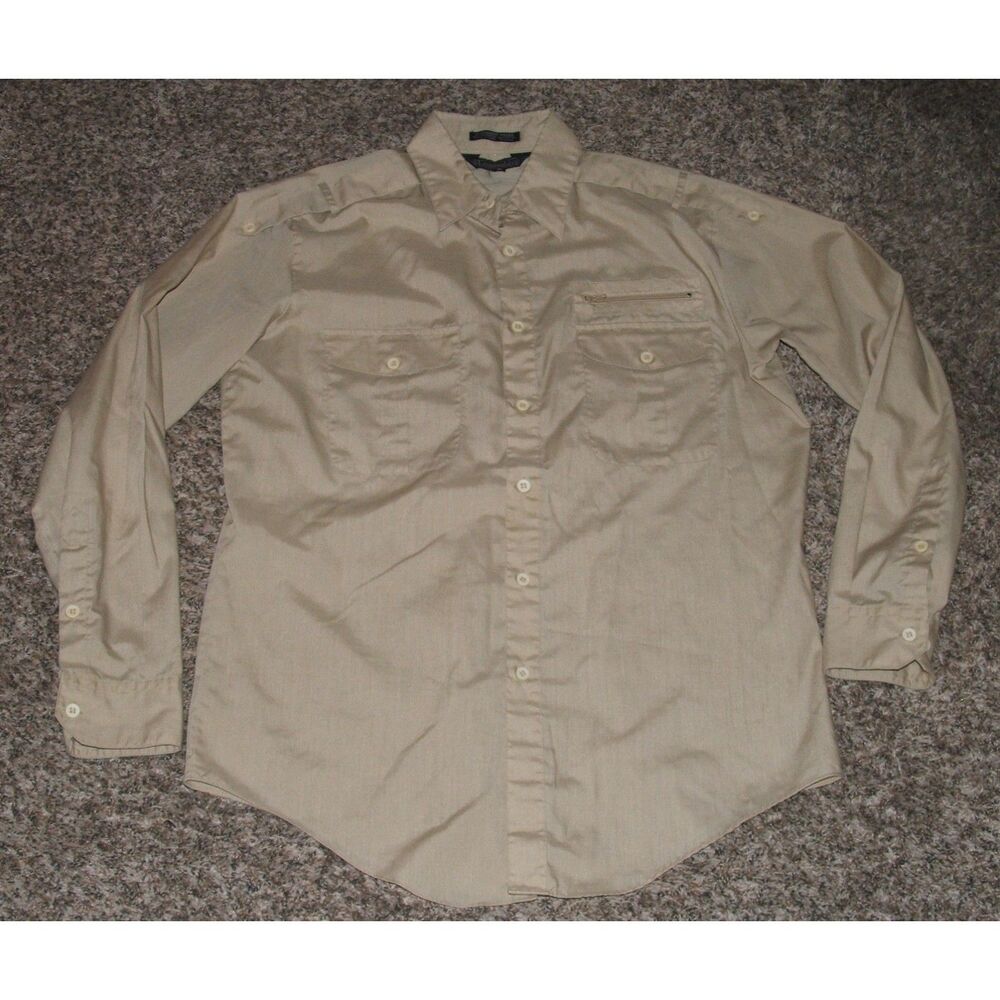 Mens Sz Medium Casual or Dress Tan Button Up Long Sleeve Vintage Shirt TOWNSLEY